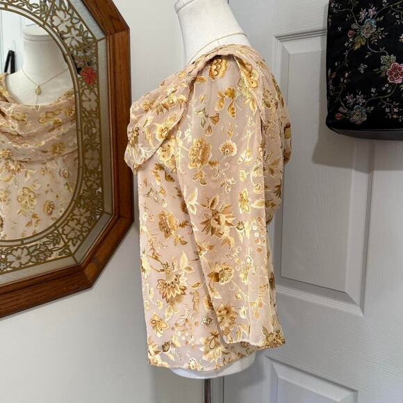 Vintage Y2K MSK Golden Yellow Metallic Floral Draped 3/4 Sleeve Fairycore Top - Picture 4 of 8